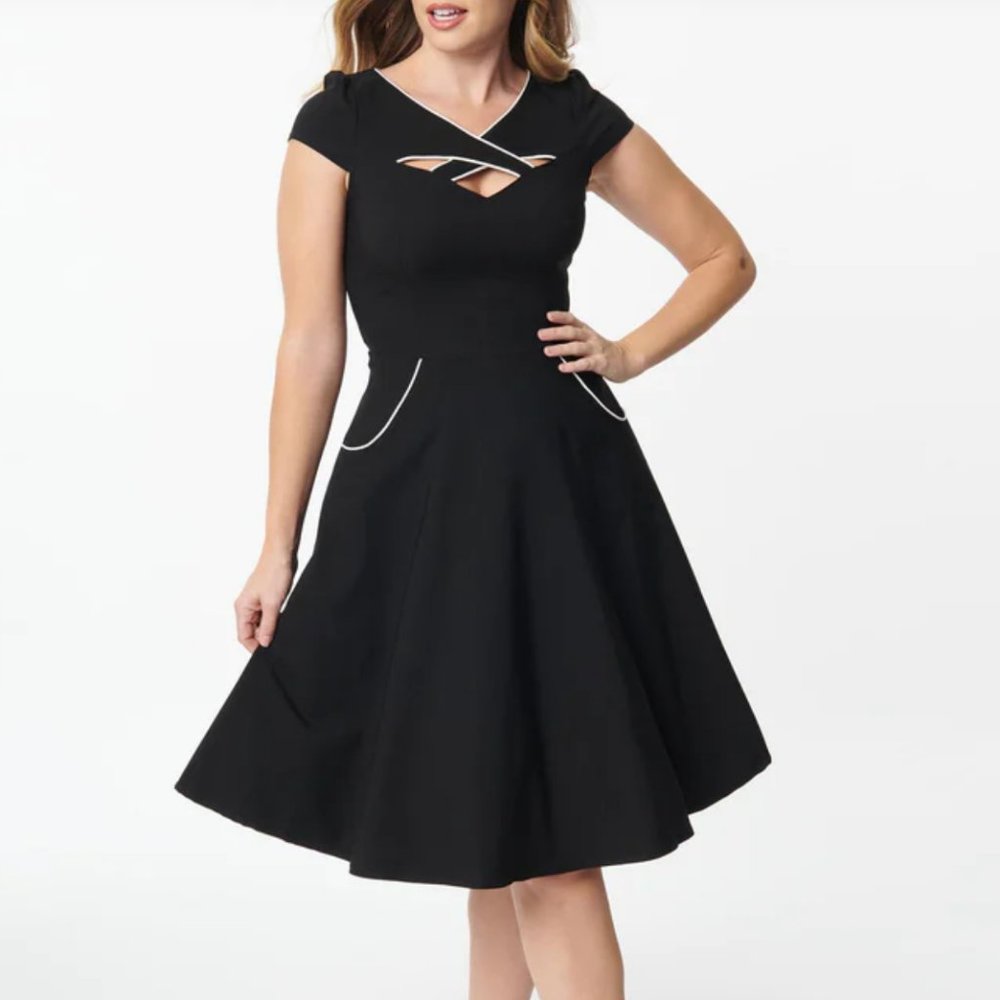 Flirty Retro Pinup Voodoo Vixen Black Cross Neck Swing Dress